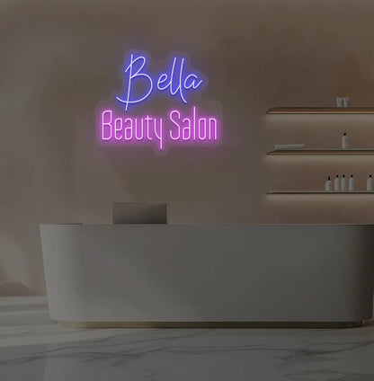 Custom Beauty Salon neon sign in blue color mounted on aesthetic wall.