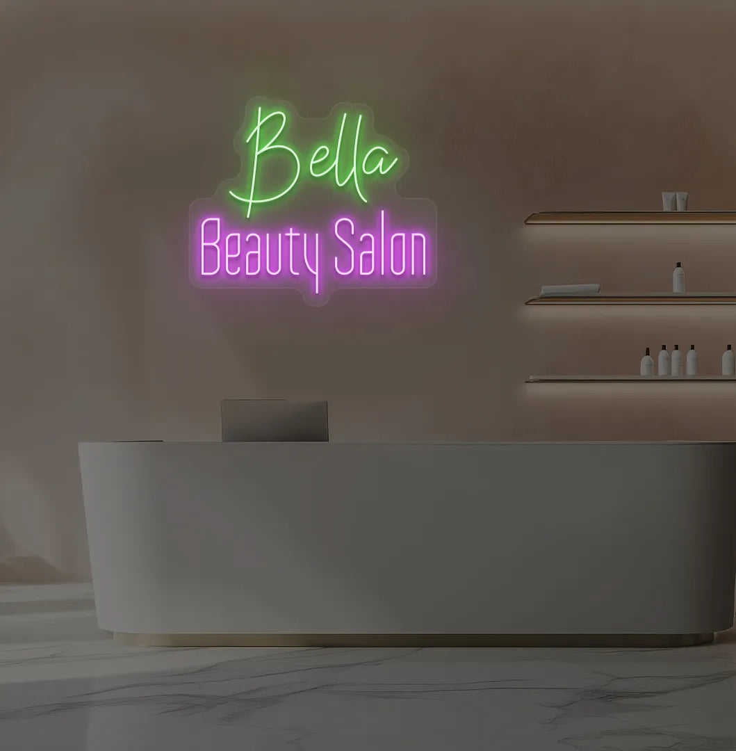 Stylish personalized beauty salon neon sign mounted on aesthetic wall in green color.