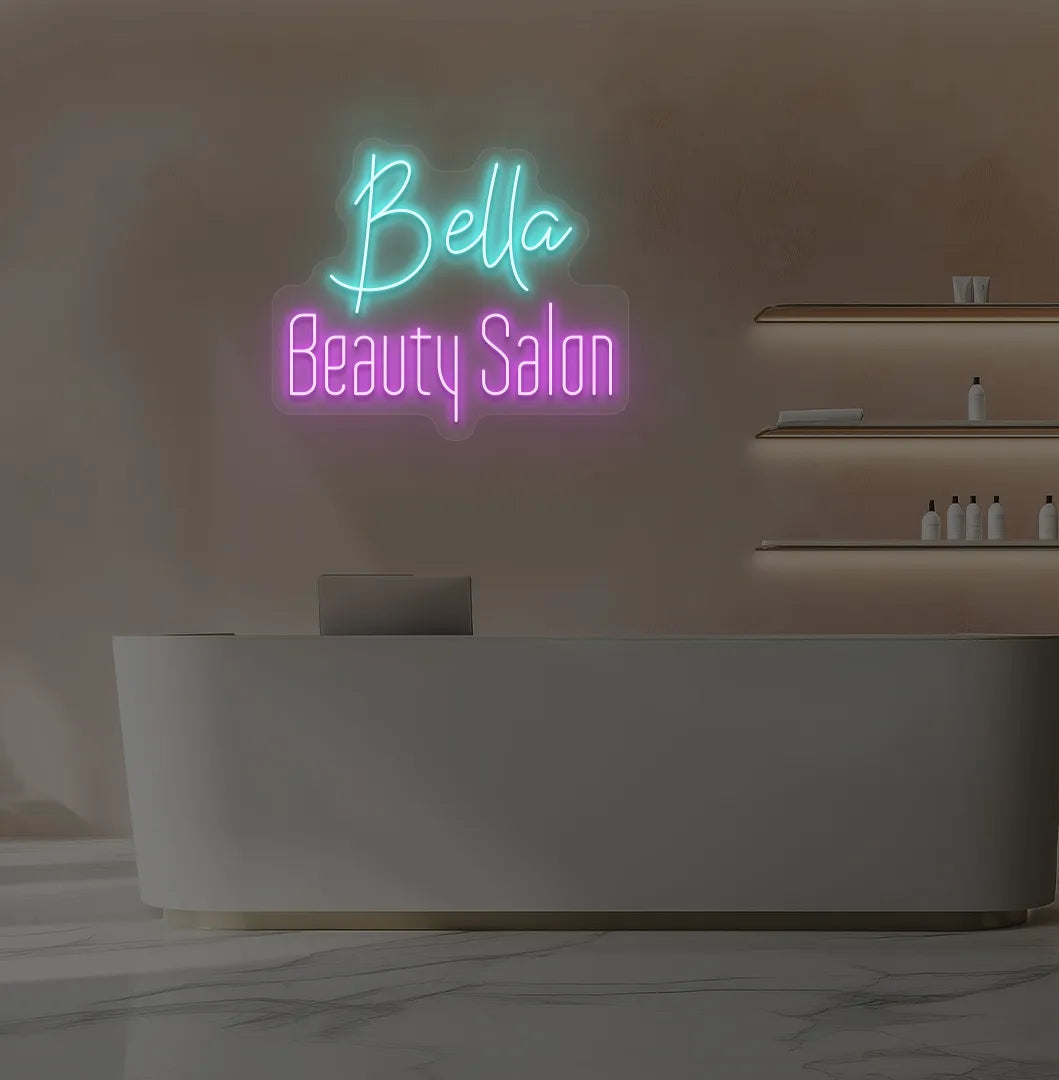 Custom Beauty Salon neon sign in ice blue color mounted on aesthetic wall.