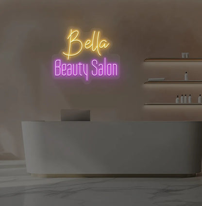 Stylish personalized beauty salon neon sign mounted on aesthetic wall in orange color.