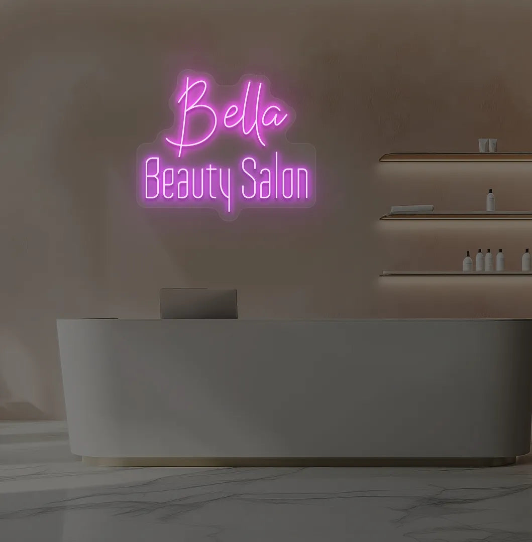 Custom Beauty Salon neon sign in pink color mounted on aesthetic wall.
