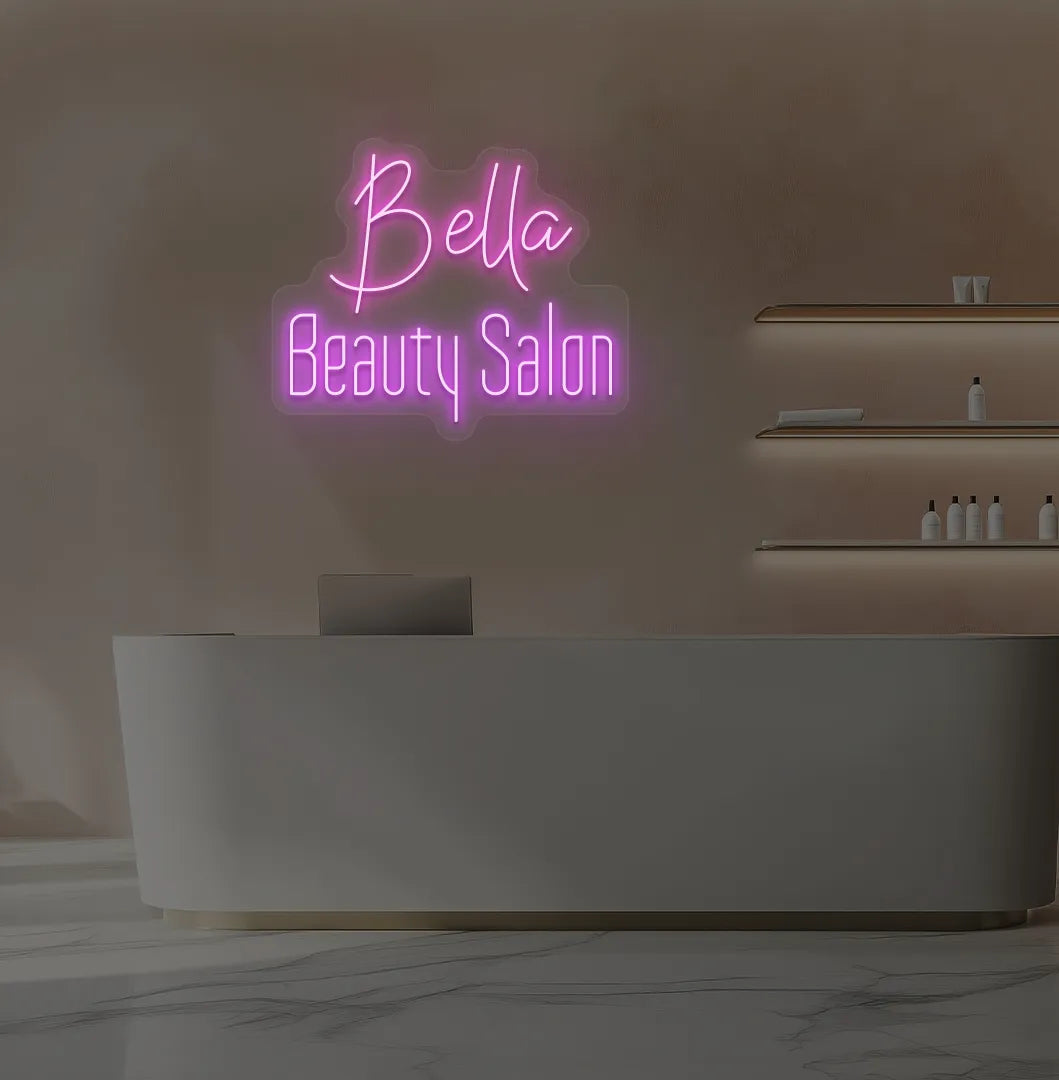 Stylish personalized beauty salon neon sign mounted on aesthetic wall in purple color.