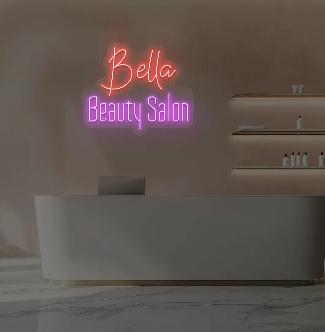 Custom Beauty Salon neon sign in red color mounted on aesthetic wall.
