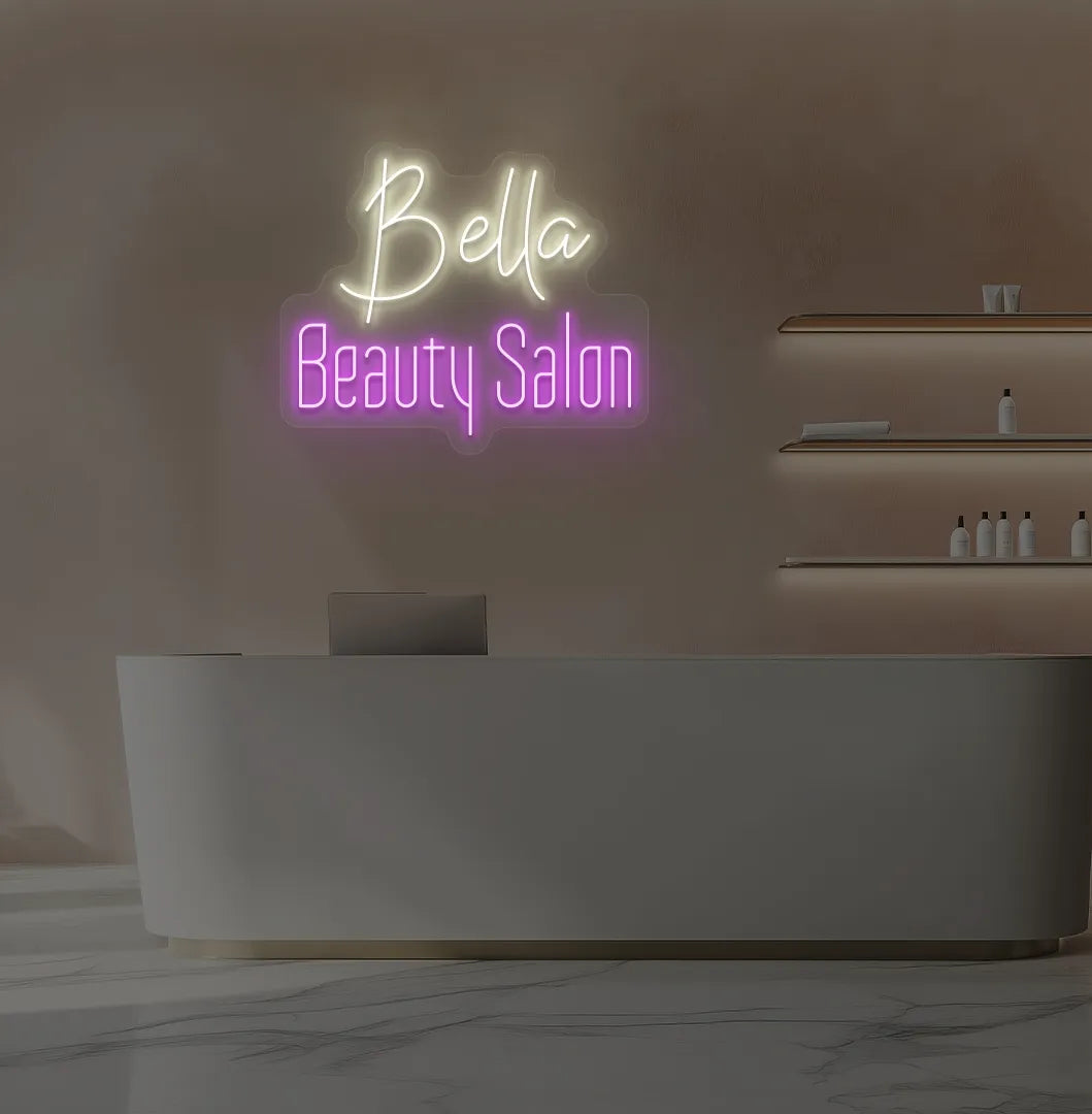 Stylish personalized beauty salon neon sign mounted on aesthetic wall in warm white color.