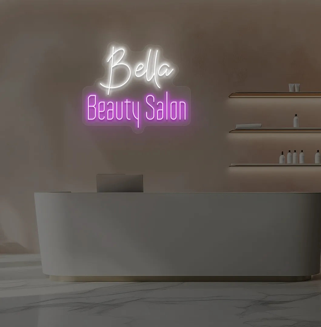 Custom Beauty Salon neon sign in white color mounted on aesthetic wall.