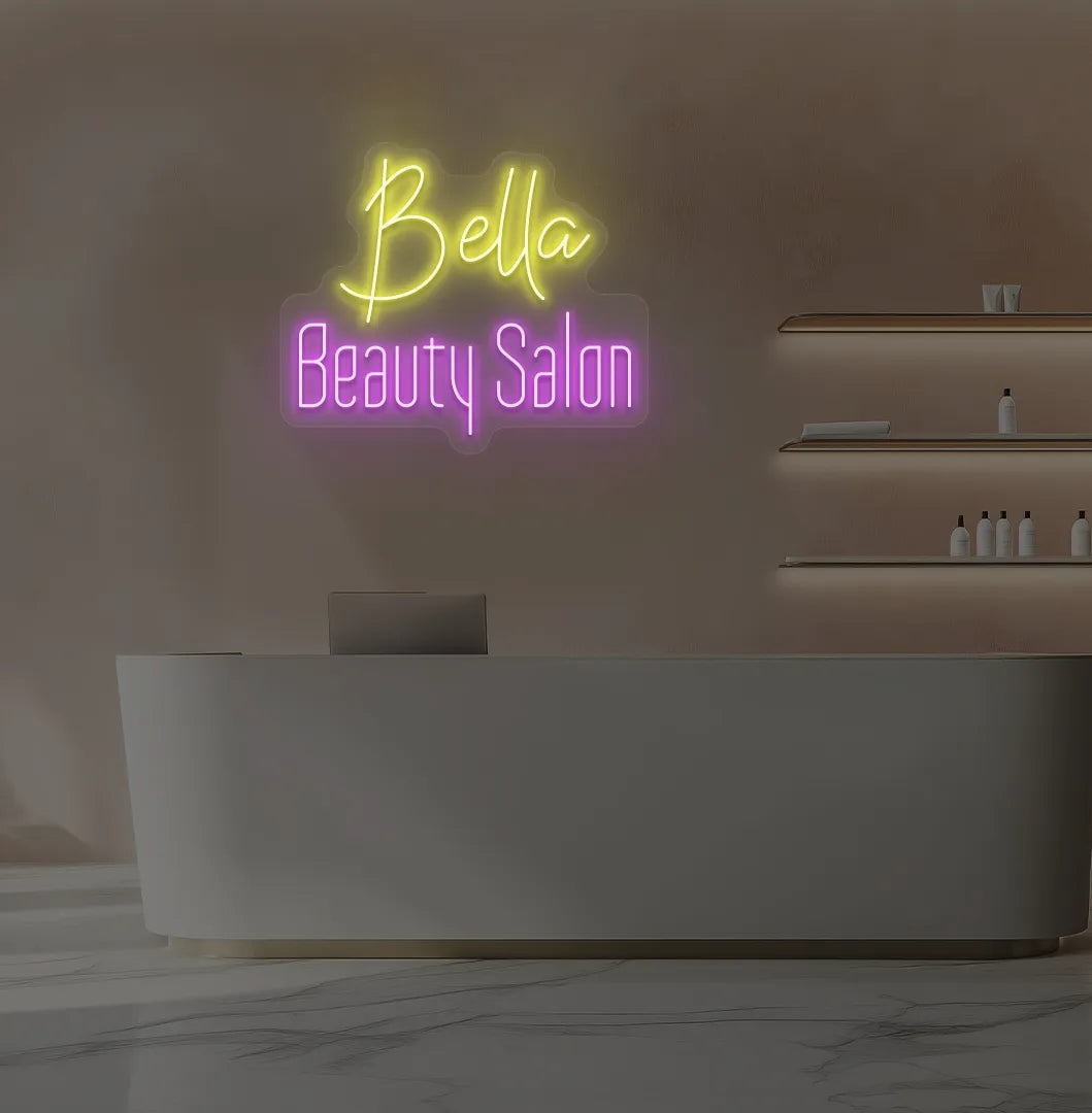 Stylish personalized beauty salon neon sign mounted on aesthetic wall in yellow color.