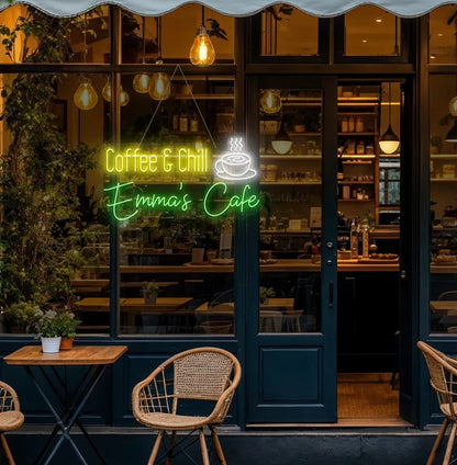 Modern coffee corner featuring Personalized Coffee & Chill green neon sign.
