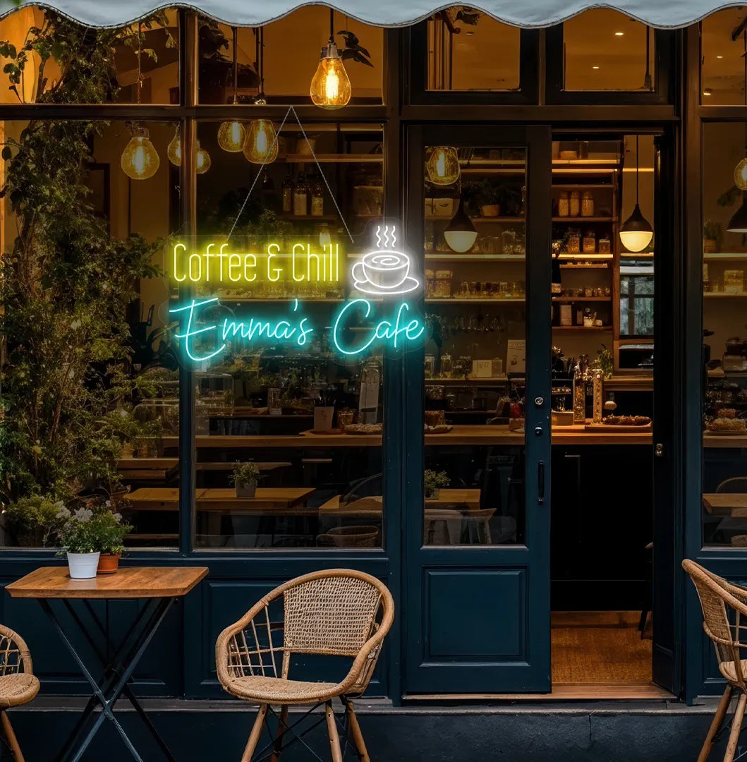 Custom Coffee & Chill neon sign in ice blue color hanging on modern cafe window.