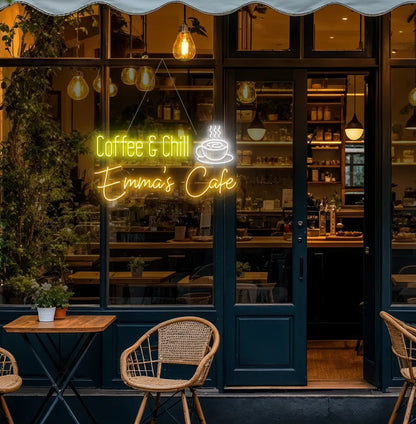 Modern coffee corner featuring Personalized Coffee & Chill orange neon sign.