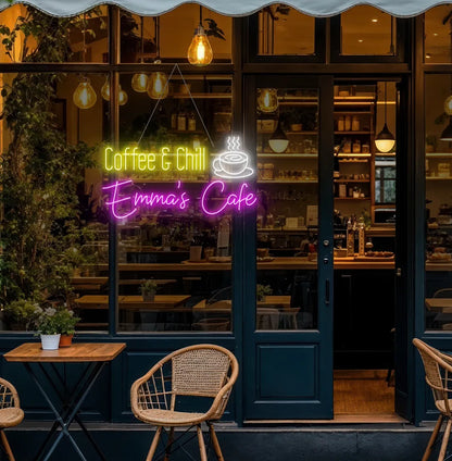 Custom Coffee & Chill neon sign in pink color hanging on modern cafe window.