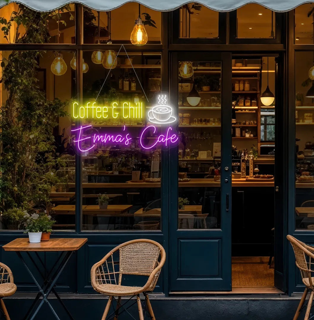 Modern coffee corner featuring Personalized Coffee & Chill purple neon sign.