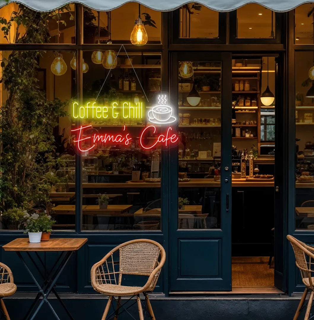 Custom Coffee & Chill neon sign in red color hanging on modern cafe window.