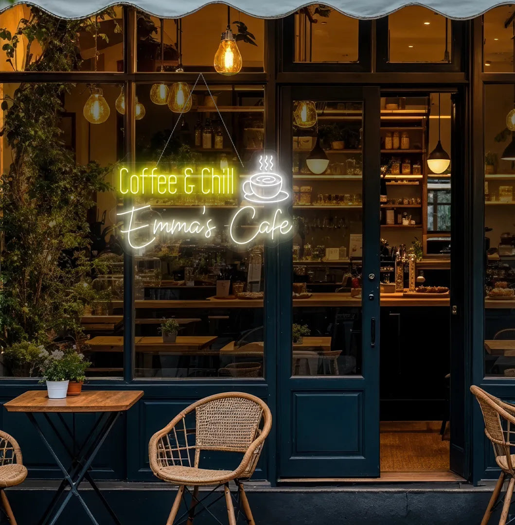Modern coffee corner featuring Personalized Coffee & Chill warm white neon sign.
