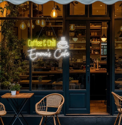 Custom Coffee & Chill neon sign in white color hanging on modern cafe window.