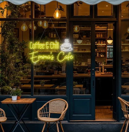 Modern coffee corner featuring Personalized Coffee & Chill yellow neon sign.