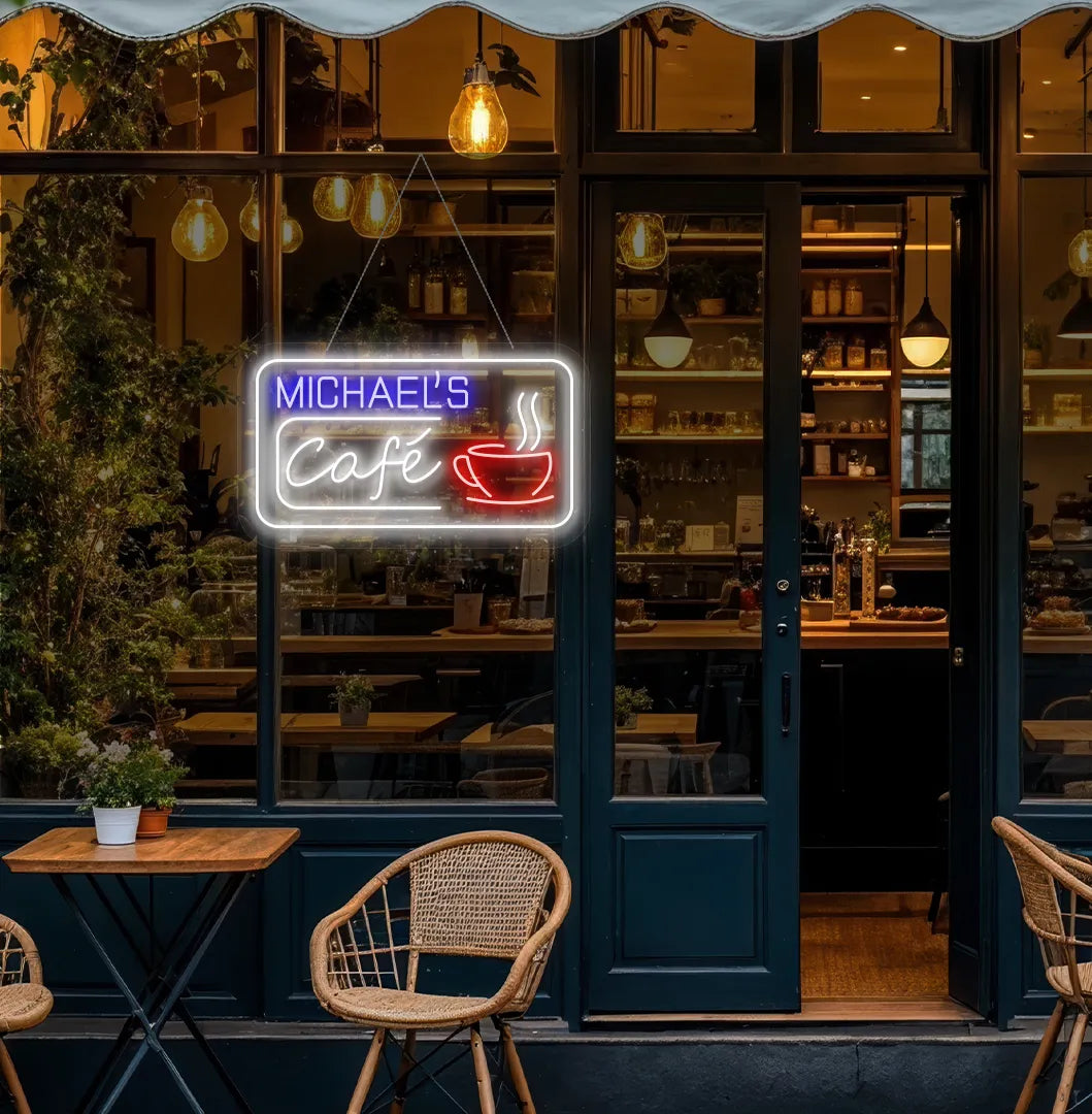 Image of a personalized coffee shop neon sign hanging on a cafe door in blue color.