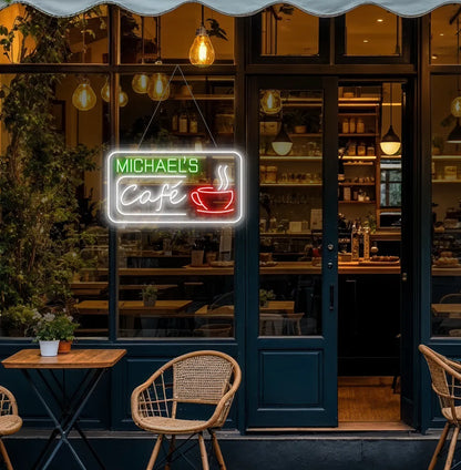 Custom Coffee Shop Name neon sign in green color mounted on aesthetic wall.