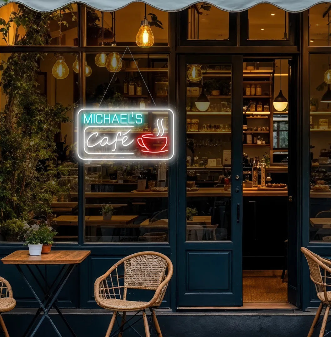 Image of a personalized coffee shop neon sign hanging on a cafe door in ice blue color.