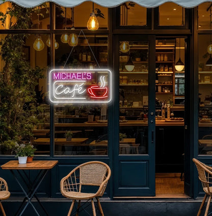 Custom Coffee Shop Name neon sign in pink color mounted on aesthetic wall