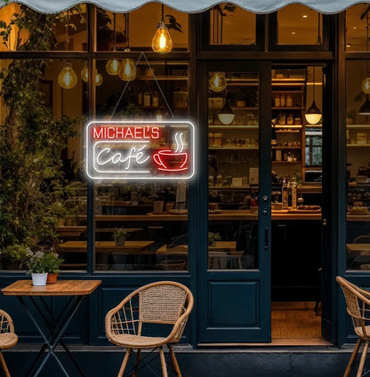 Image of a personalized coffee shop neon sign hanging on a cafe door in red color.