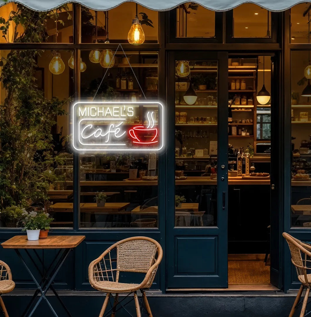 Custom Coffee Shop Name neon sign in warm white color mounted on aesthetic wall