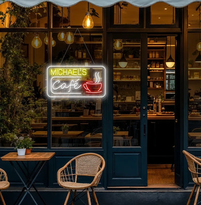 Custom Coffee Shop Name neon sign in yellow color mounted on aesthetic wall