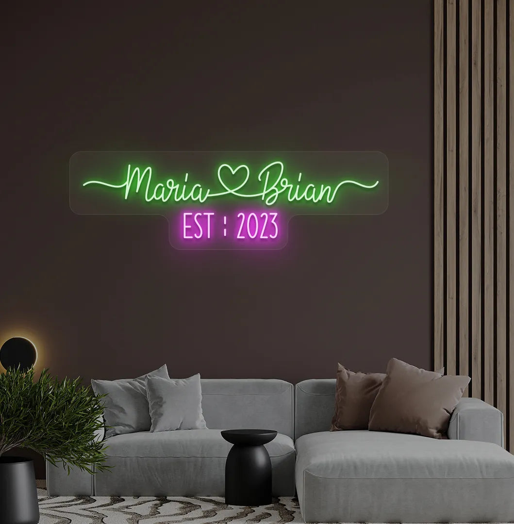 Green personalized Couple Name EST LED neon sign for anniversary decoration.