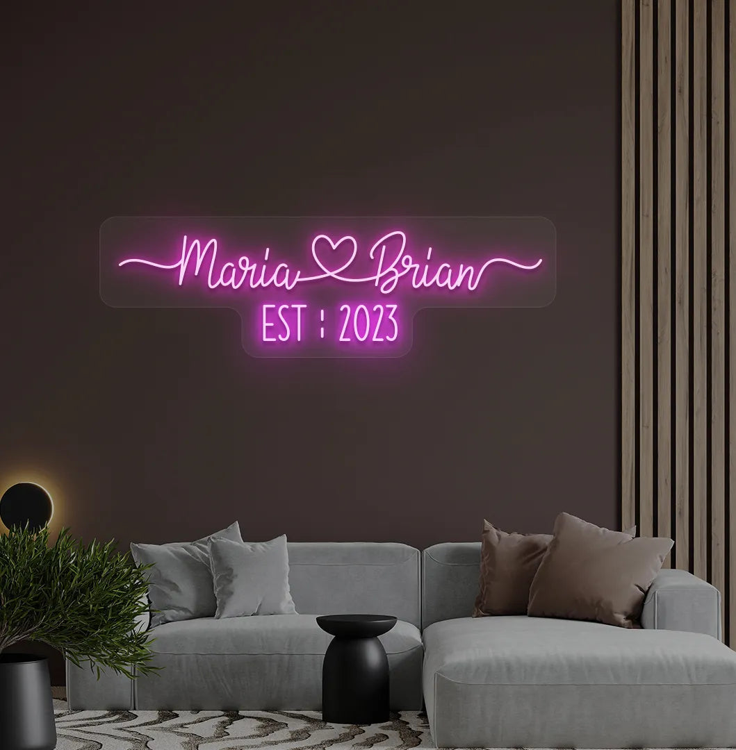 Purple personalized Couple Name EST LED neon sign for anniversary decoration.