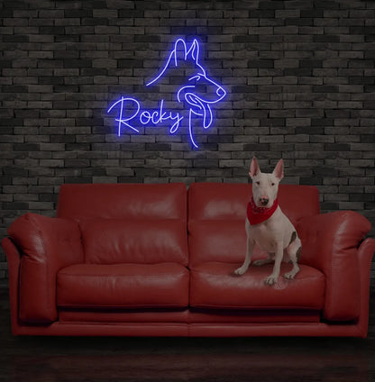 Custom Dog Name neon sign in blue color mounted on modern wall decor.
