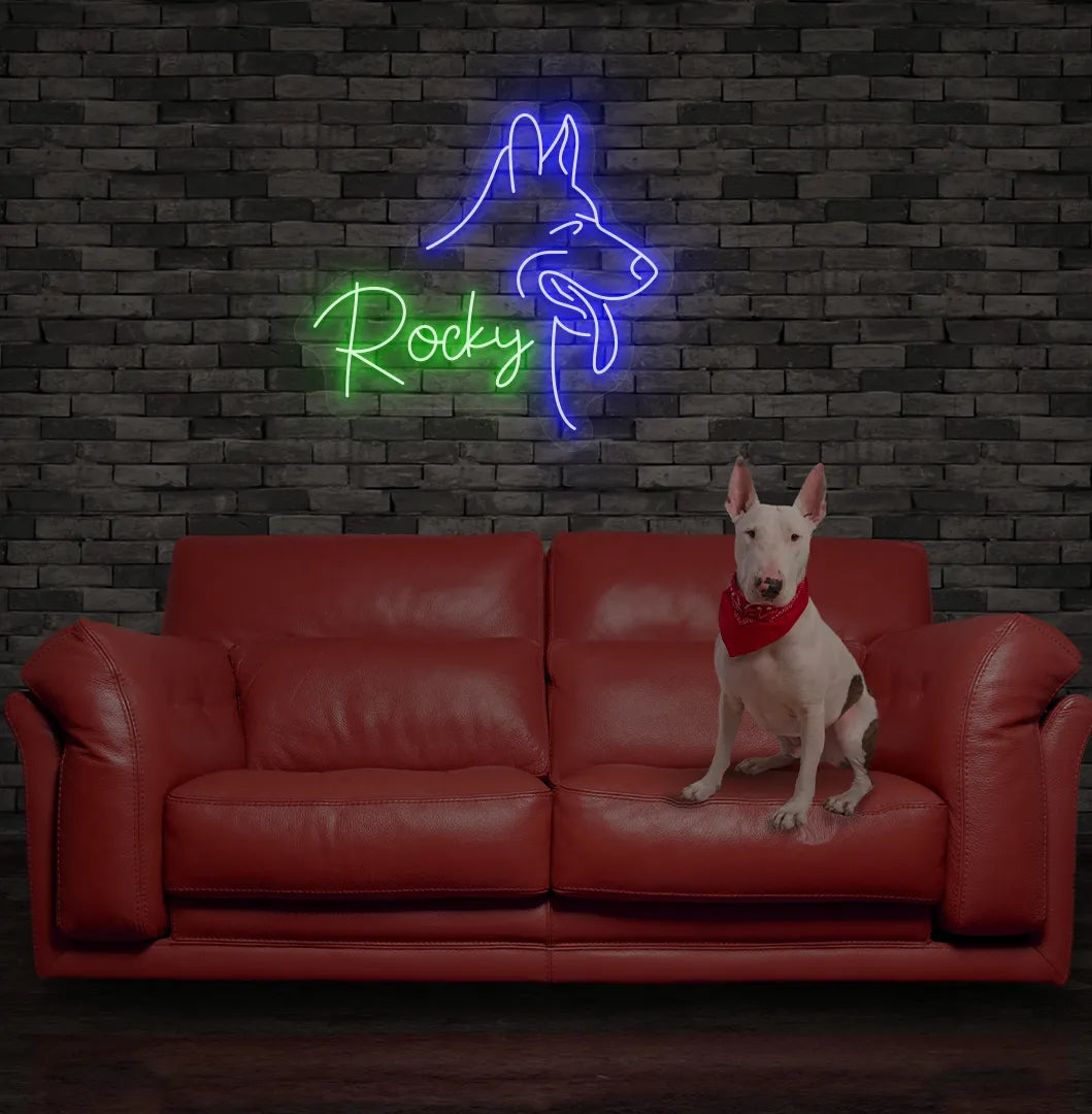 Bright green Dog Name personalized neon sign for pet room decoration.