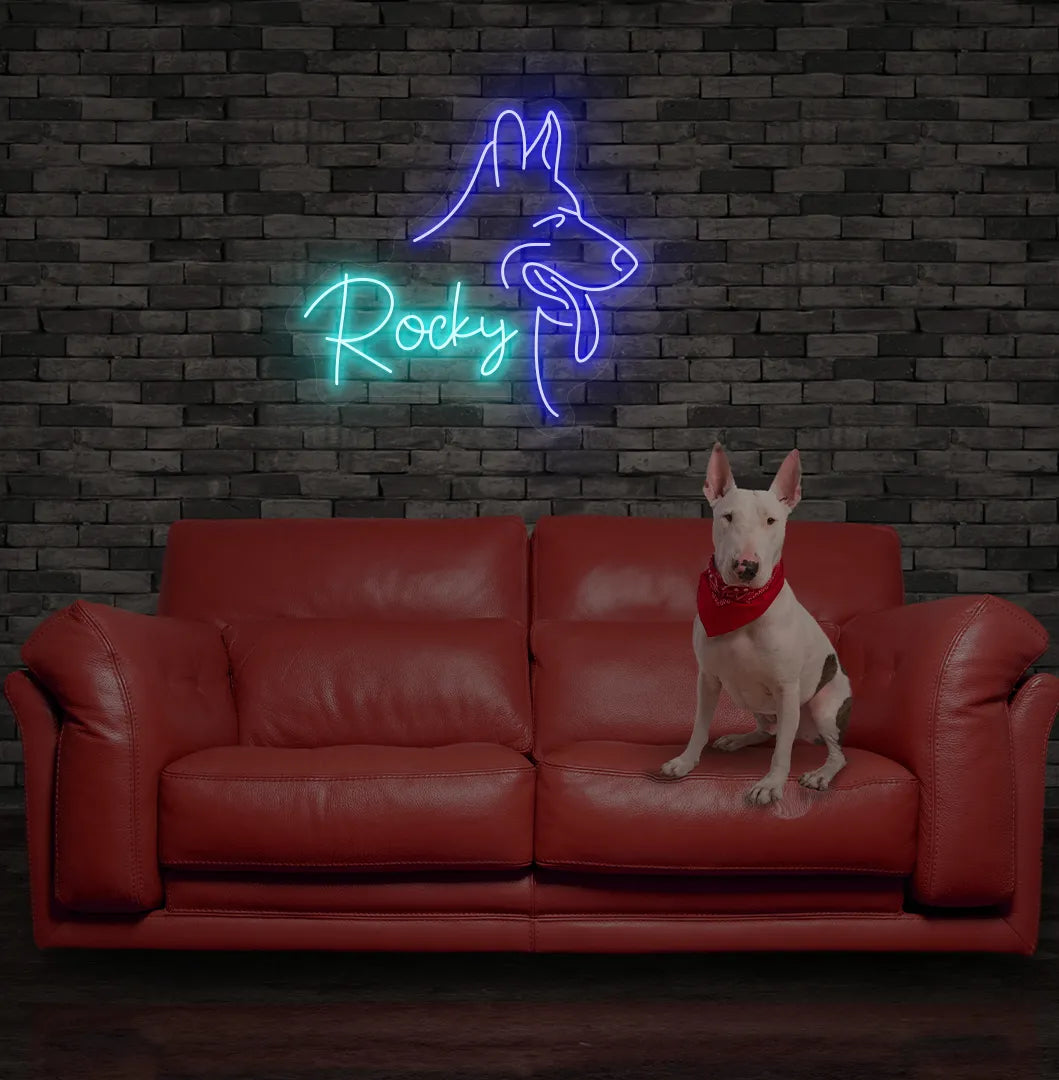 Custom Dog Name neon sign in ice blue color mounted on modern wall decor.