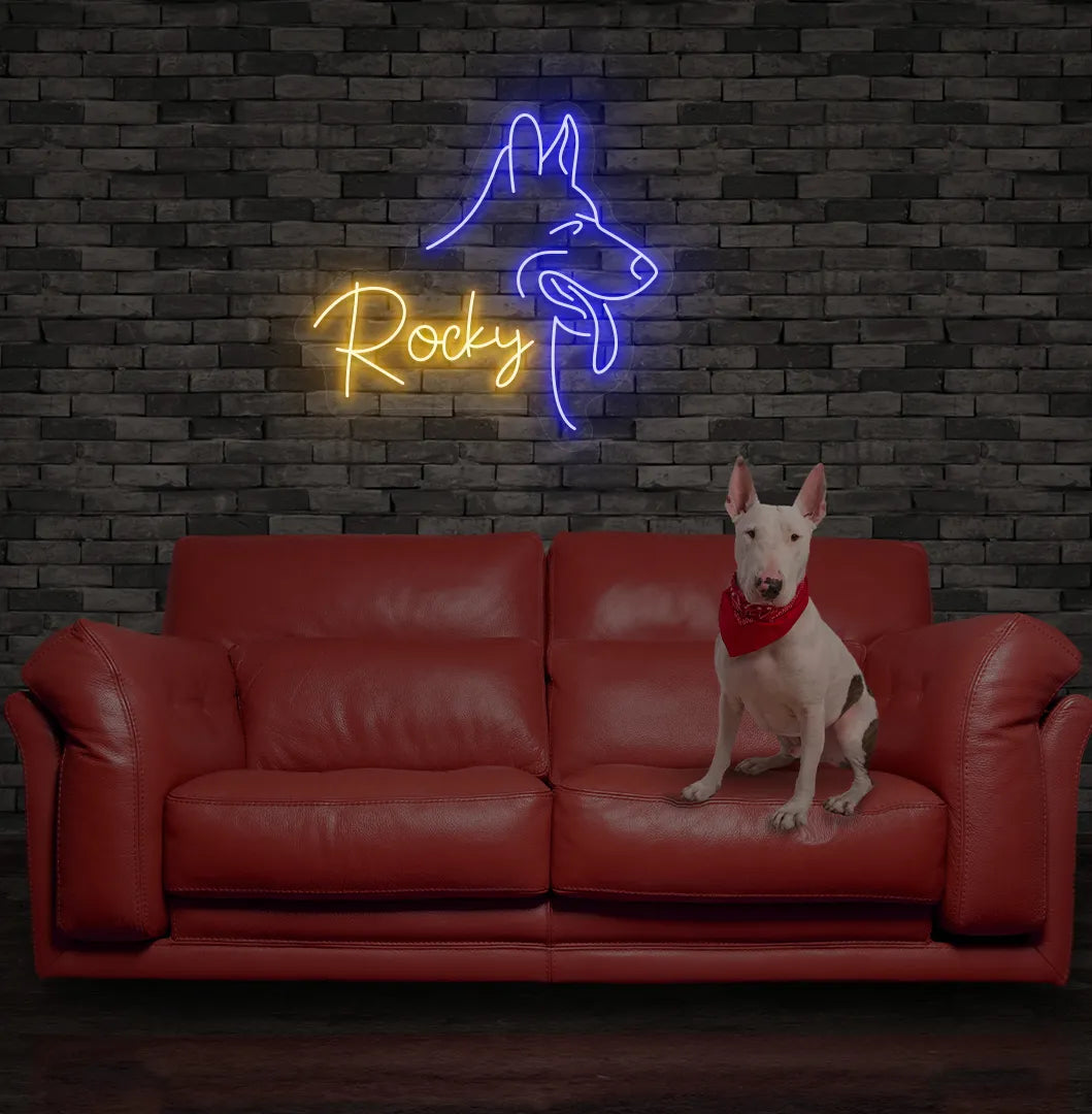 Bright orange Dog Name personalized neon sign for pet room decoration.
