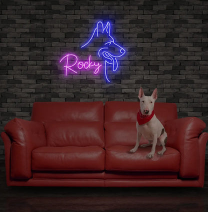 Bright purple Dog Name personalized neon sign for pet room decoration.