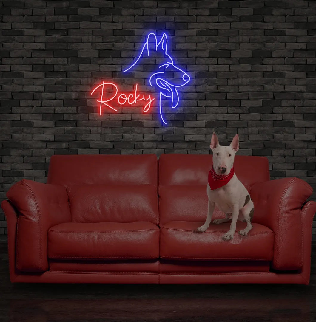 Custom Dog Name neon sign in red color mounted on modern wall decor.