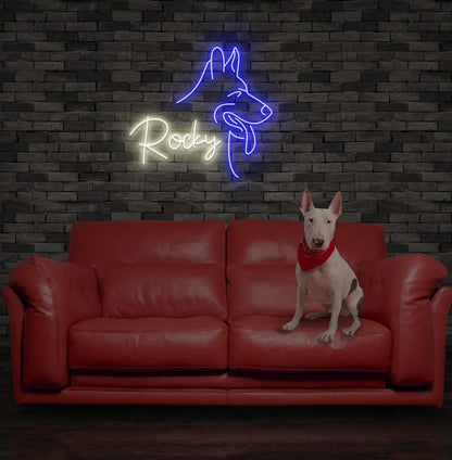 Bright warm white Dog Name personalized neon sign for pet room decoration.