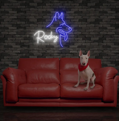 Custom Dog Name neon sign in white color mounted on modern wall decor.