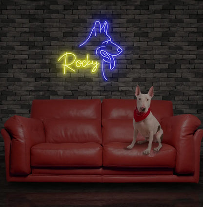 Bright yellow Dog Name personalized neon sign for pet room decoration.