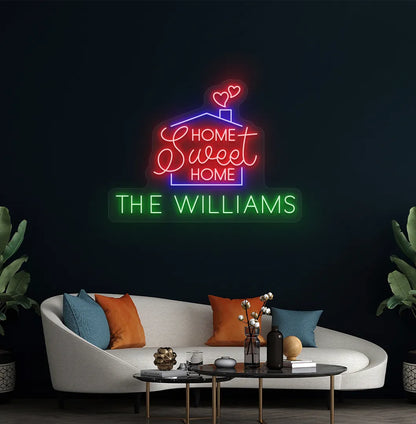 Stylish Personalized Home Sweet Home Name neon sign mounted on aesthetic wall in green color.