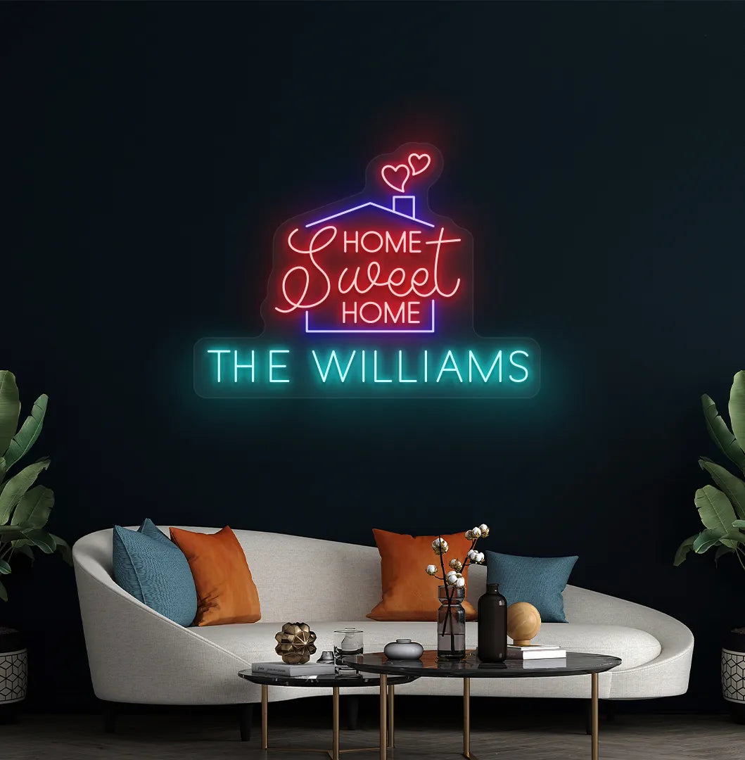 Custom Home Sweet Home Name neon sign in ice blue color mounted on modern wall decor.