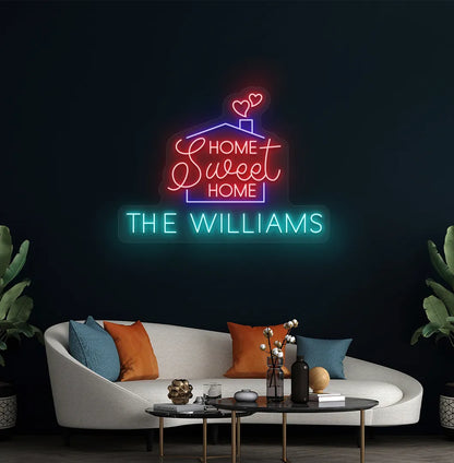 Custom Home Sweet Home Name neon sign in ice blue color mounted on modern wall decor.