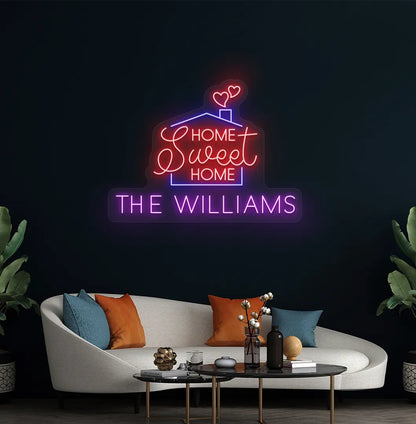 Stylish Personalized Home Sweet Home Name neon sign mounted on aesthetic wall in purple color.