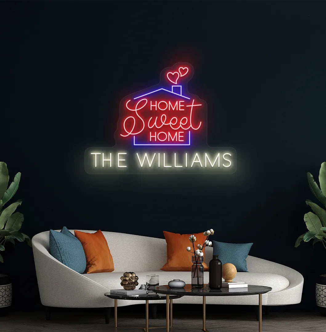 Stylish Personalized Home Sweet Home Name neon sign mounted on aesthetic wall in warm white color.