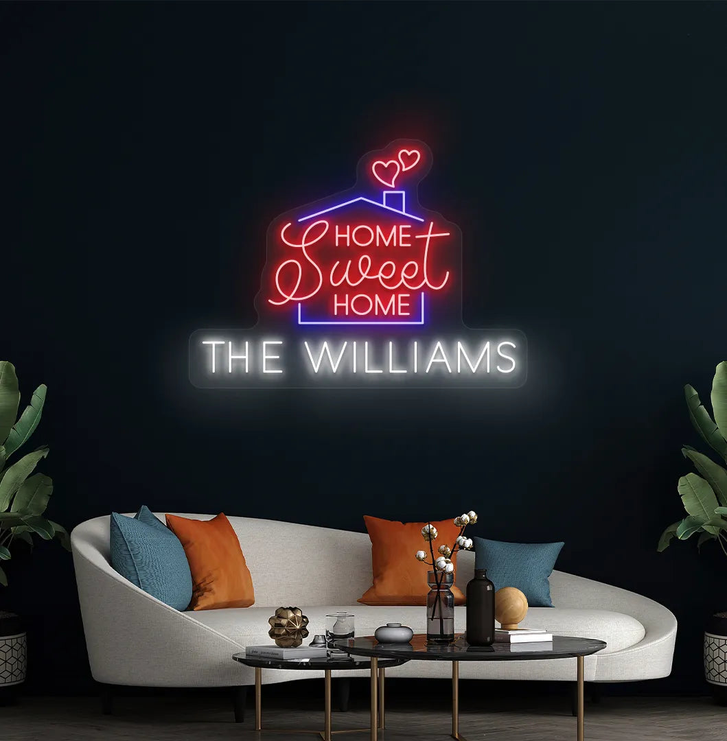 Custom Home Sweet Home Name neon sign in white color mounted on modern wall decor.