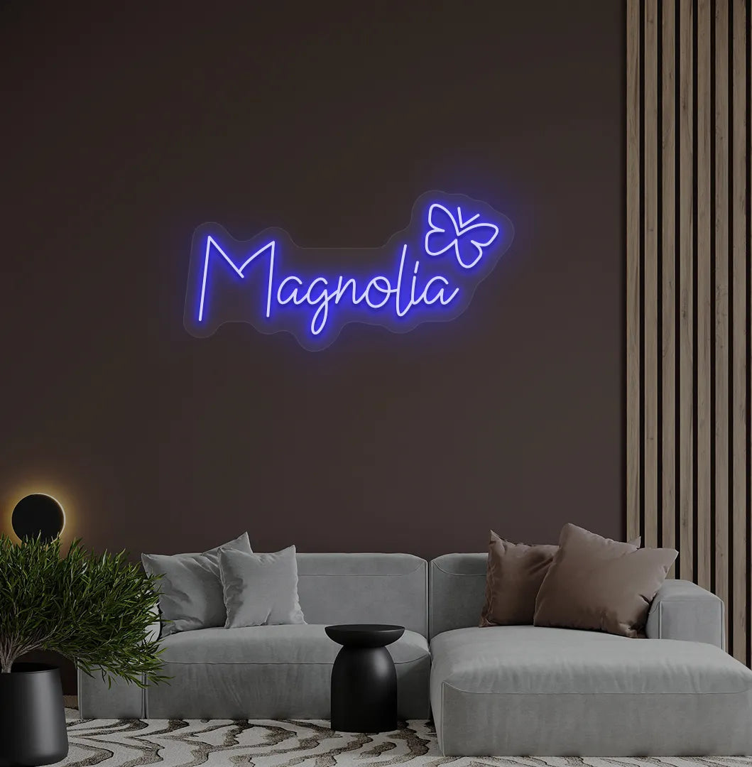 Custom Name with Butterfly neon sign in blue color mounted on modern wall.