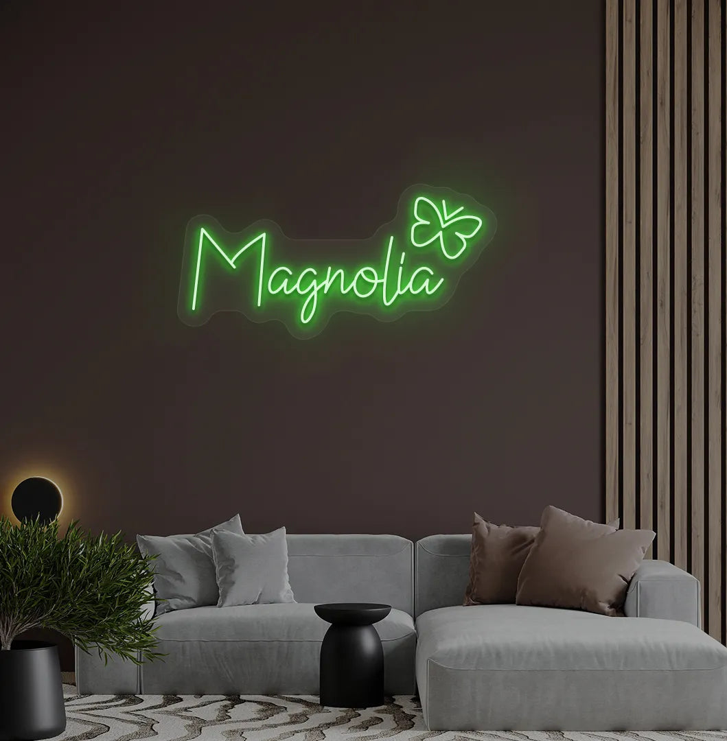 Aesthetic wall featuring Personalized Name with Butterfly green neon sign.