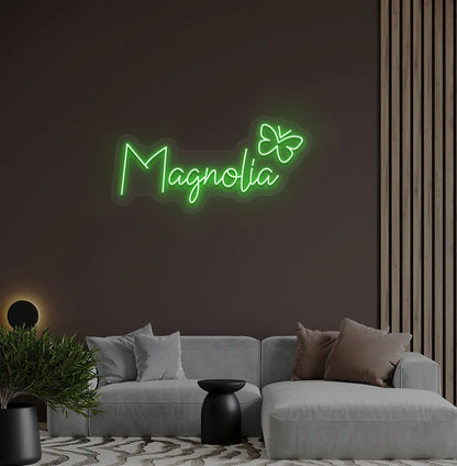 Aesthetic wall featuring Personalized Name with Butterfly green neon sign.