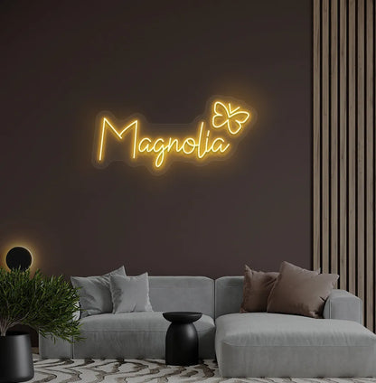 Aesthetic wall featuring Personalized Name with Butterfly orange neon sign.