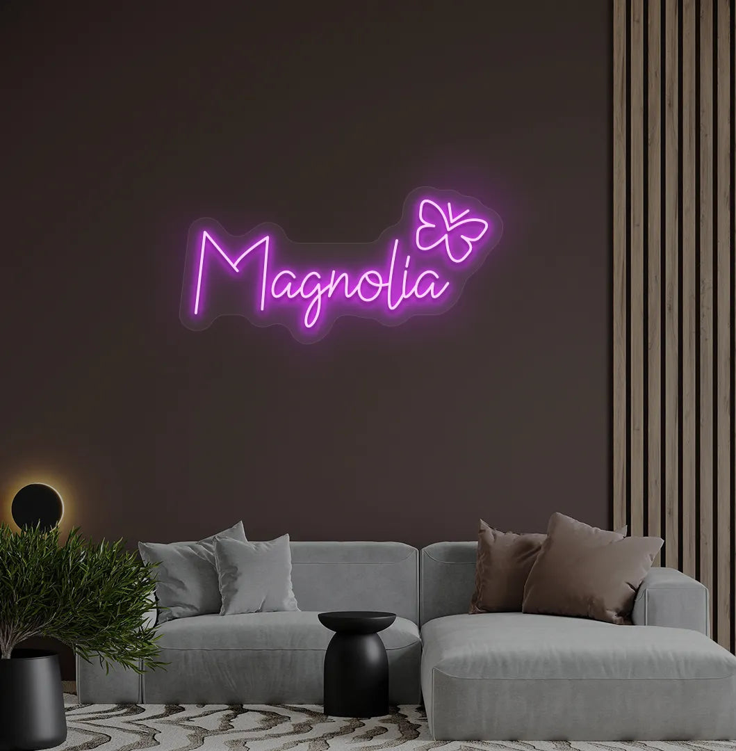 Aesthetic wall featuring Personalized Name with Butterfly purple neon sign.