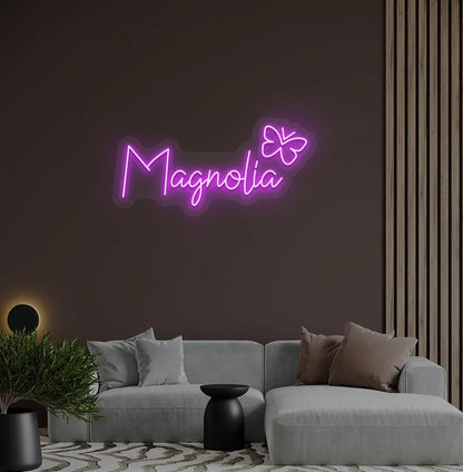 Aesthetic wall featuring Personalized Name with Butterfly purple neon sign.