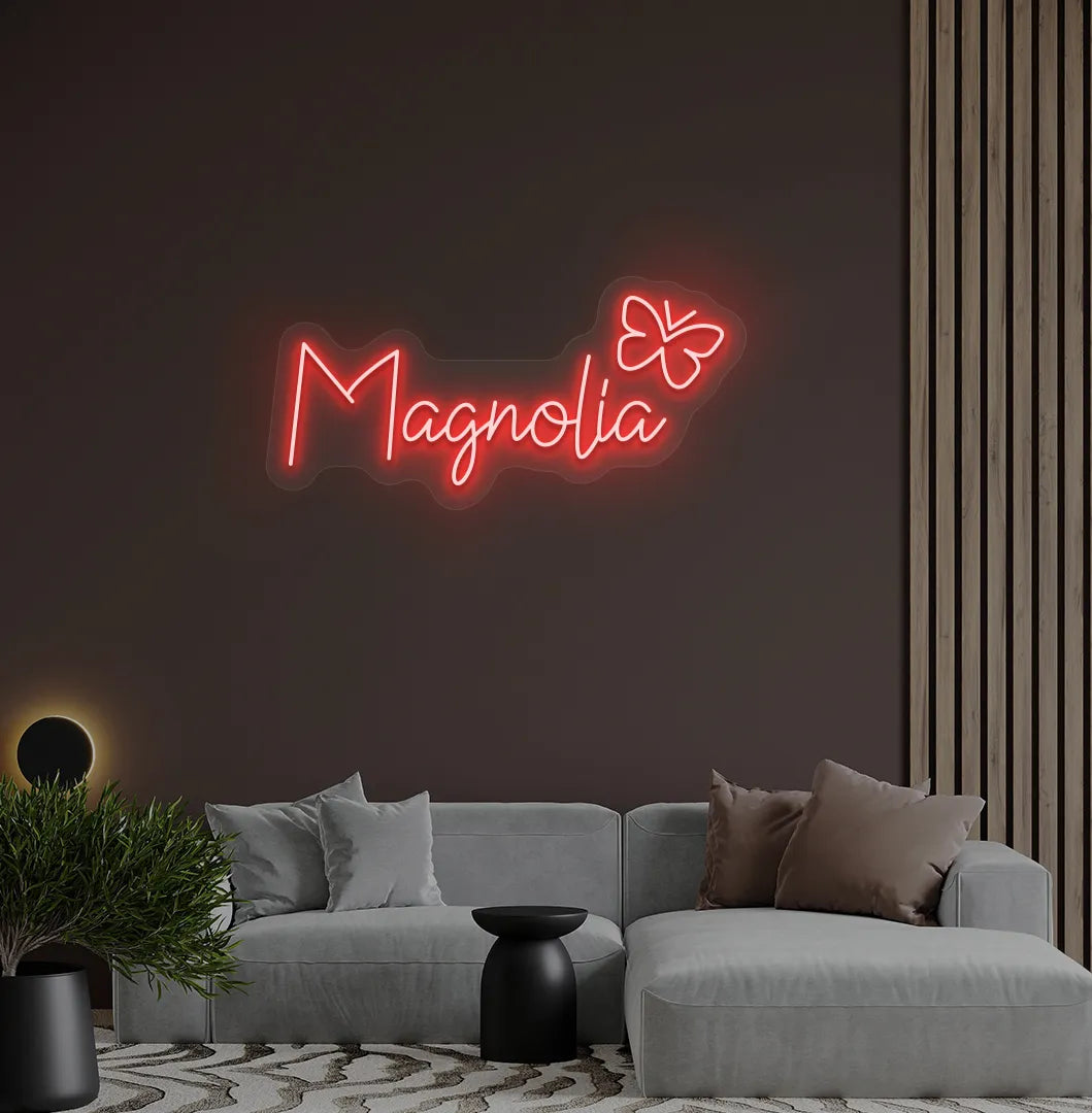 Custom Name with Butterfly neon sign in red color mounted on modern wall.